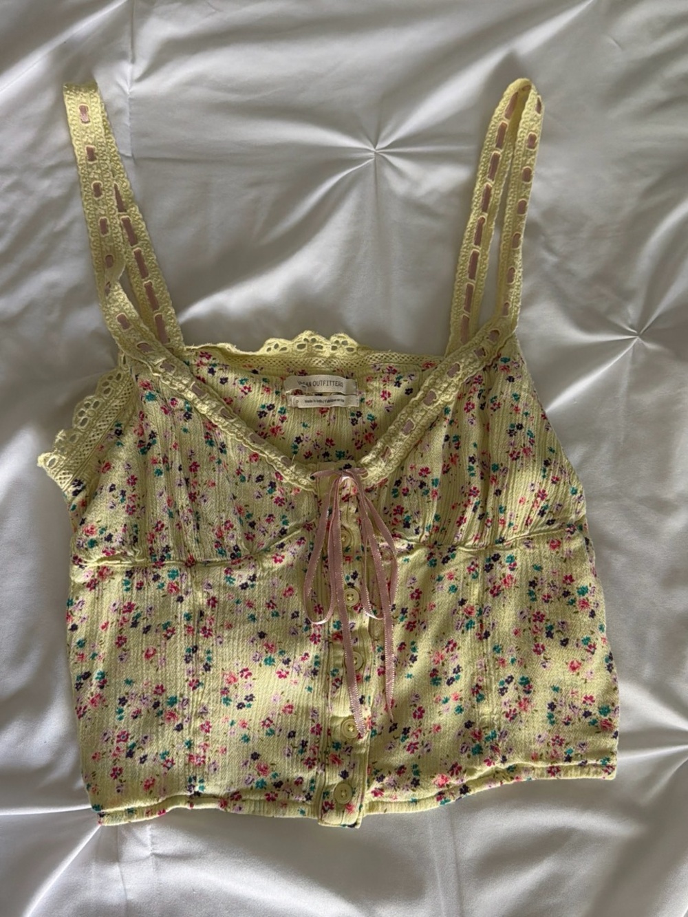 Urban Outfitters Pale Yellow Floral Lace-Trim Tank
